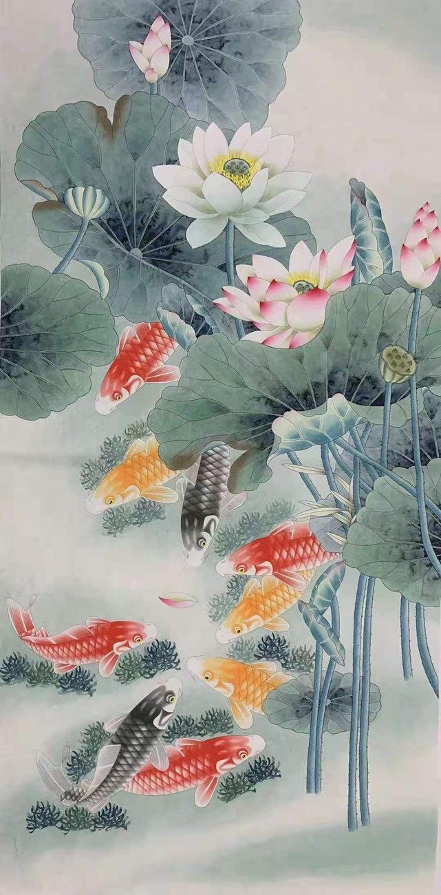 锦鲤荷趣图